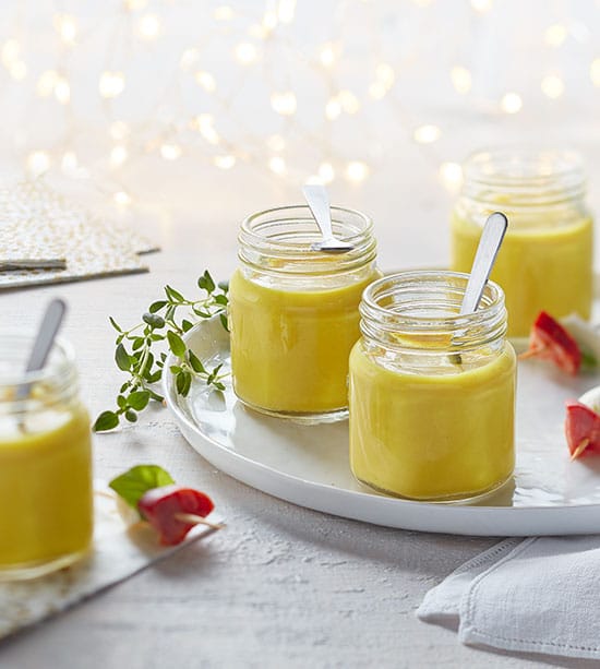 Creamy apple and cauliflower “shooters” with mini chorizo skewers