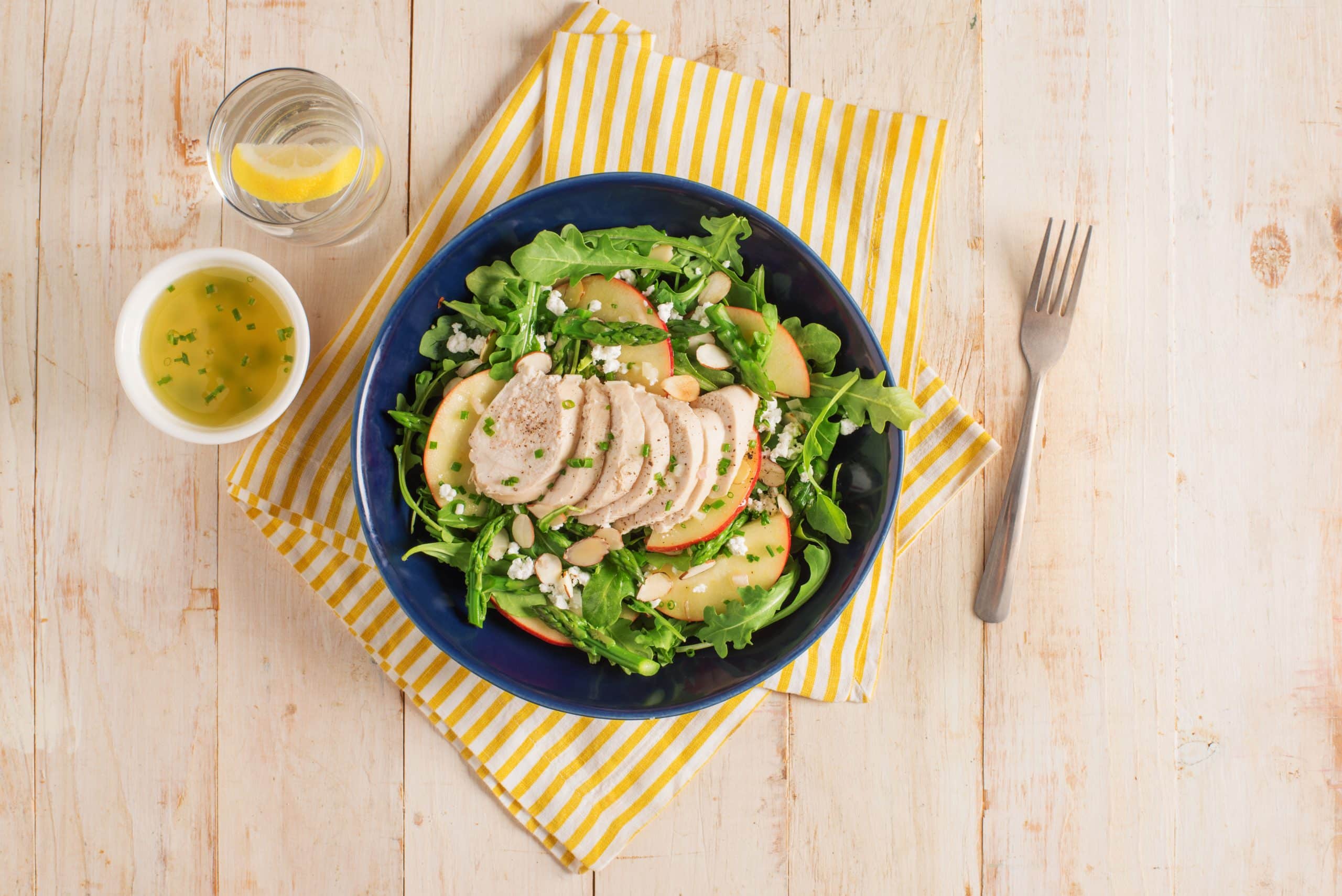 Apple-Poached Chicken, Goat Cheese and Asparagus Salad